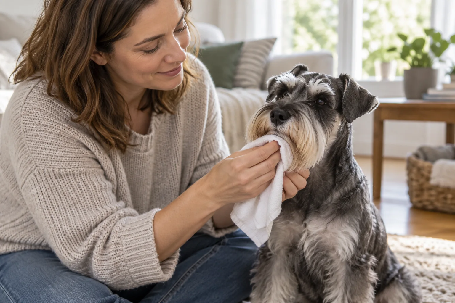 Tutora higienizando delicadamente a barba de um Schnauzer Miniatura.