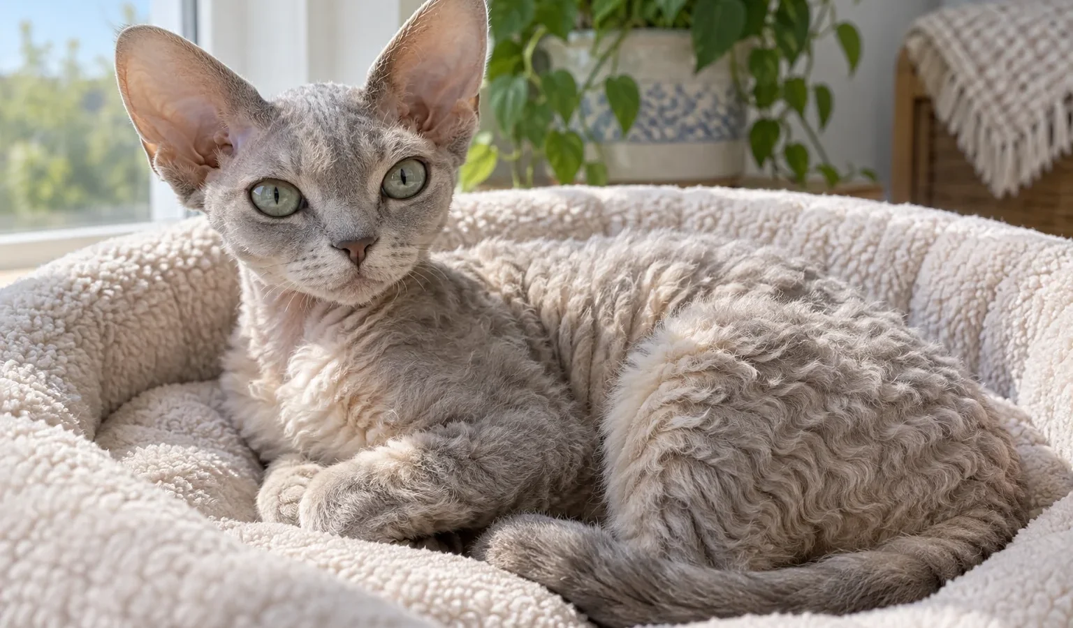 Gato Devon Rex de pelagem curta ondulada descansando em cama confortável.