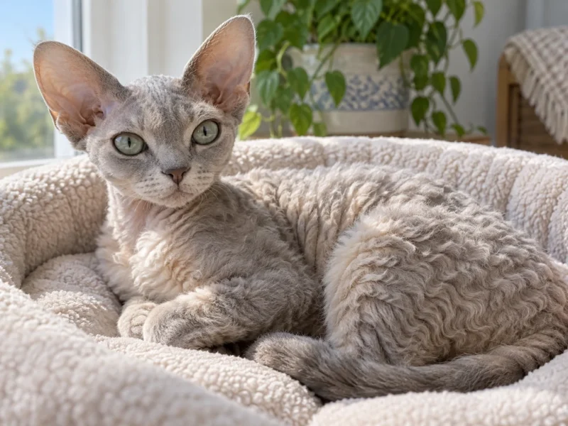 Gato Devon Rex de pelagem curta ondulada descansando em cama confortável.