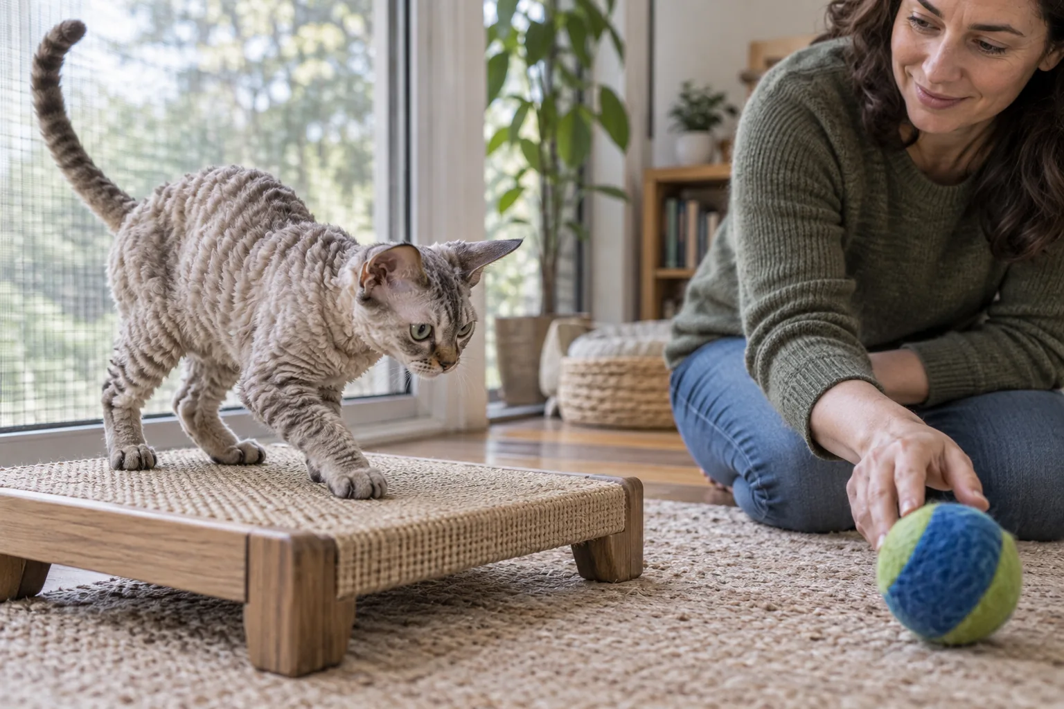 Gato Devon Rex explorando um arranhador estável durante interação com a tutora.