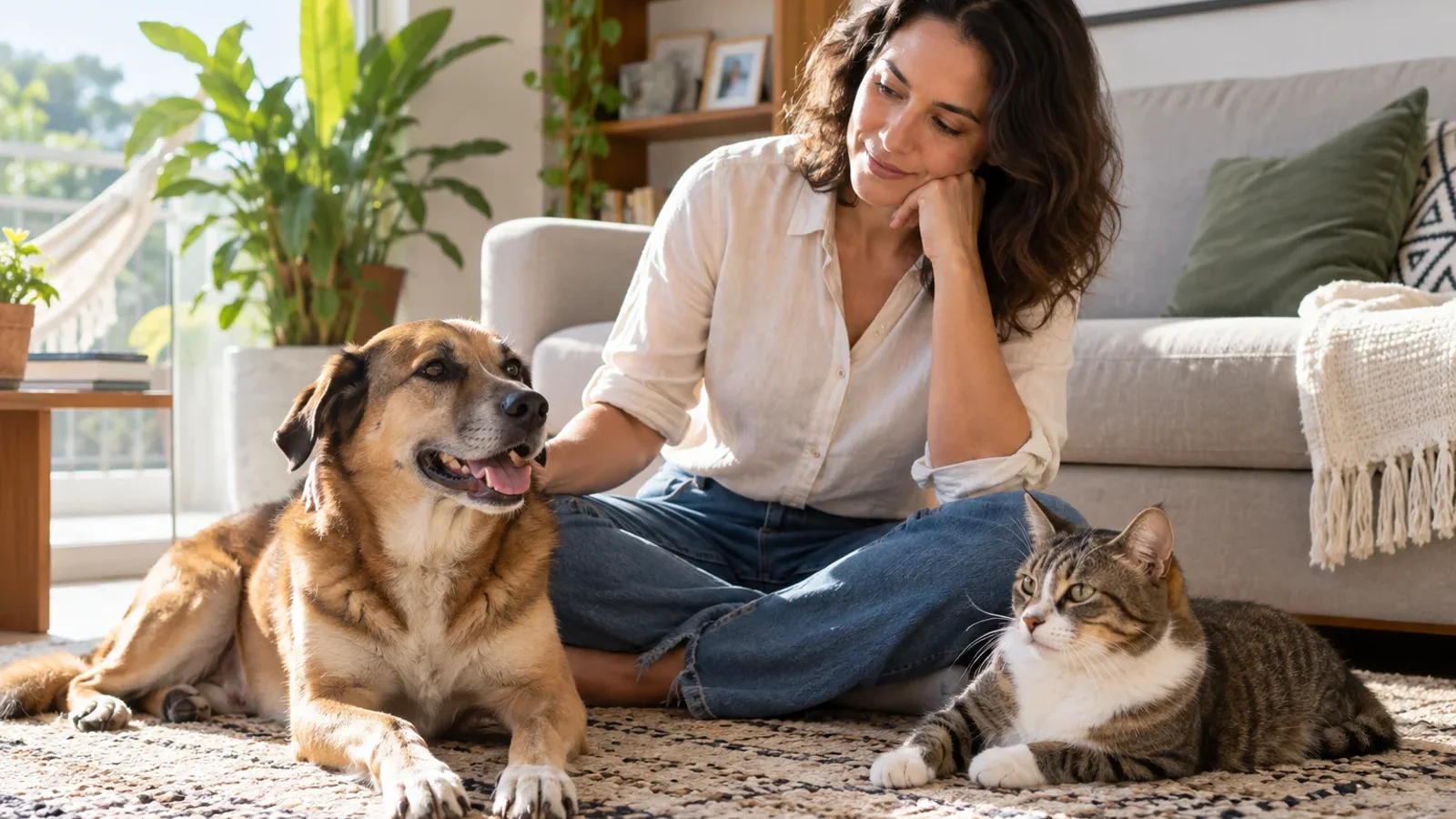 Tutora observando cão e gato em casa durante acompanhamento de sinais de saúde.