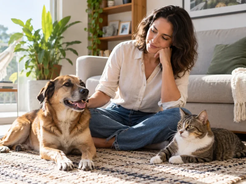 Tutora observando cão e gato em casa durante acompanhamento de sinais de saúde.