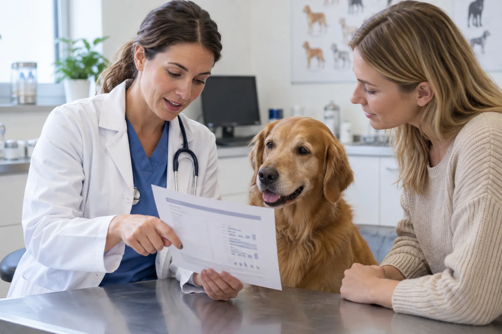 Médica-veterinária explicando resultados de hemograma a uma tutora durante consulta.