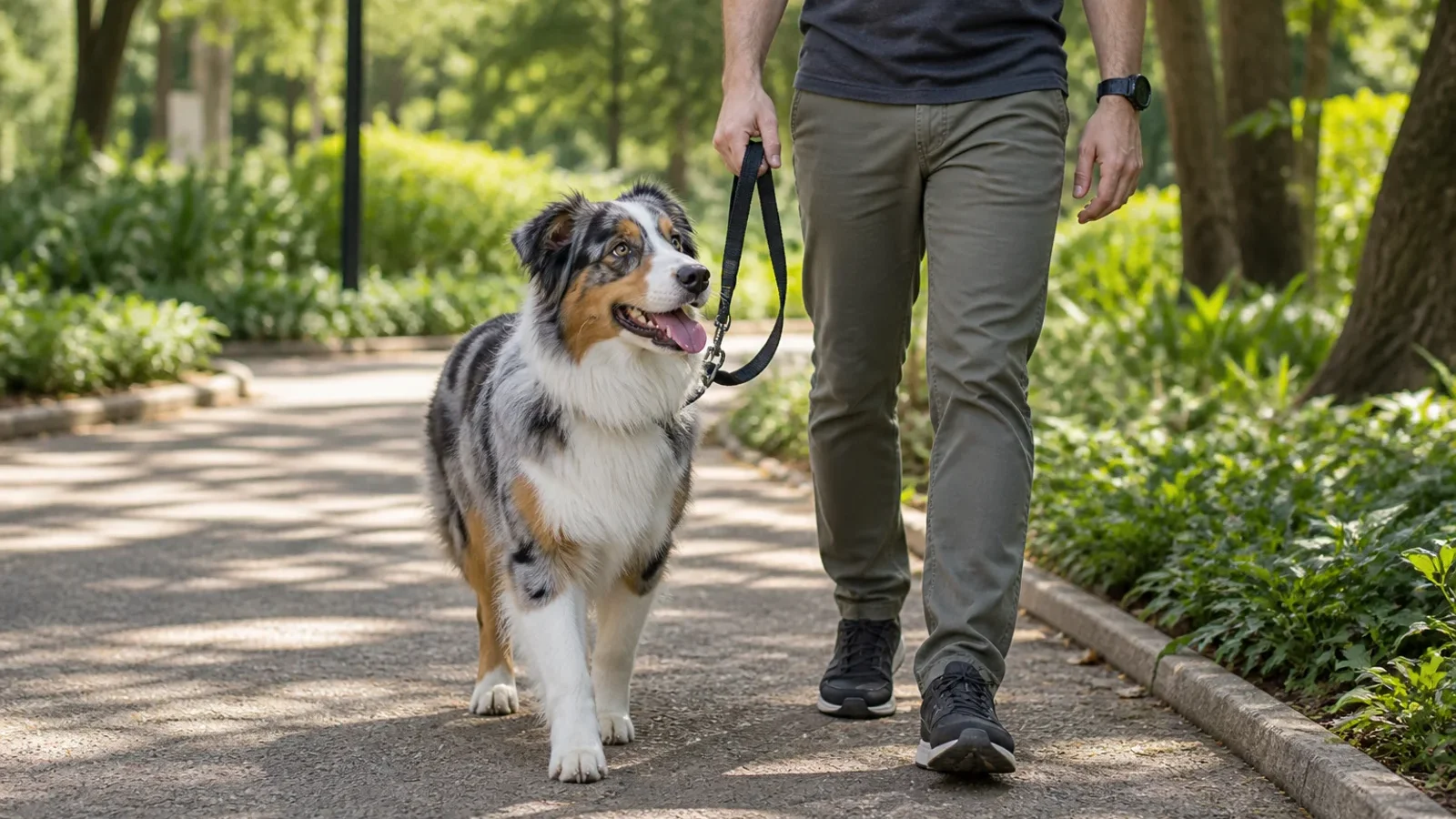 Australian Shepherd caminhando com tutor em parque urbano usando guia segura.