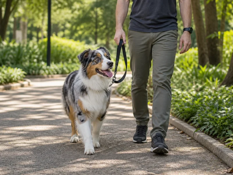 Australian Shepherd caminhando com tutor em parque urbano usando guia segura.