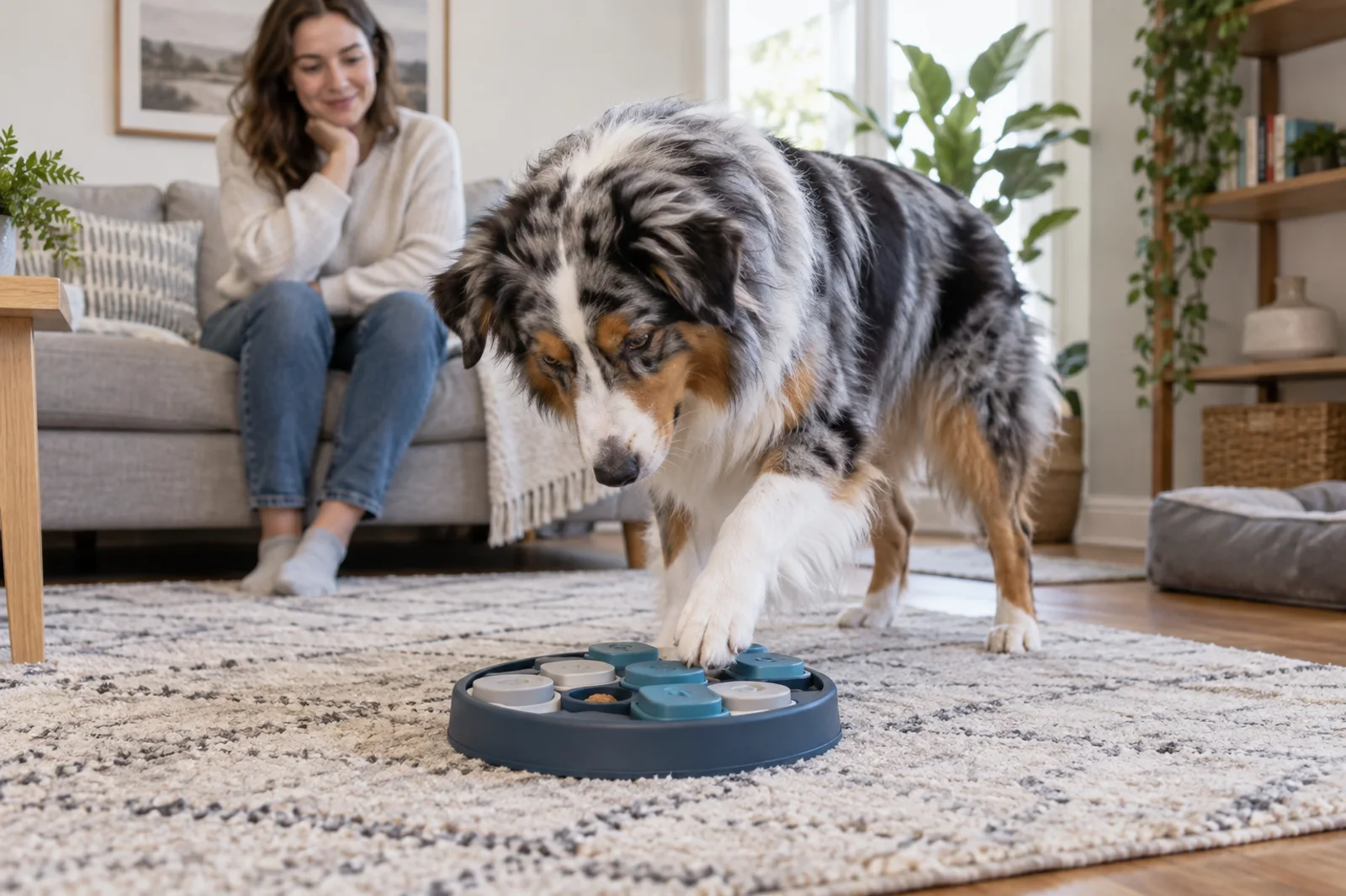 Australian Shepherd participando de atividade de enriquecimento com brinquedo seguro em casa.