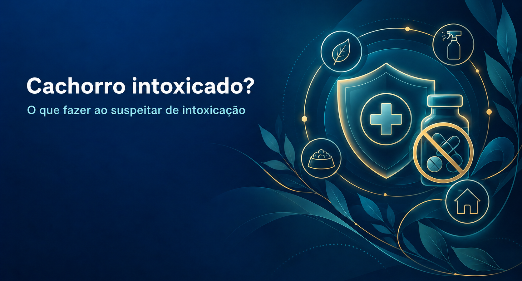 Ilustração editorial sobre suspeita de intoxicação em cachorro, com escudo de proteção e símbolos veterinários