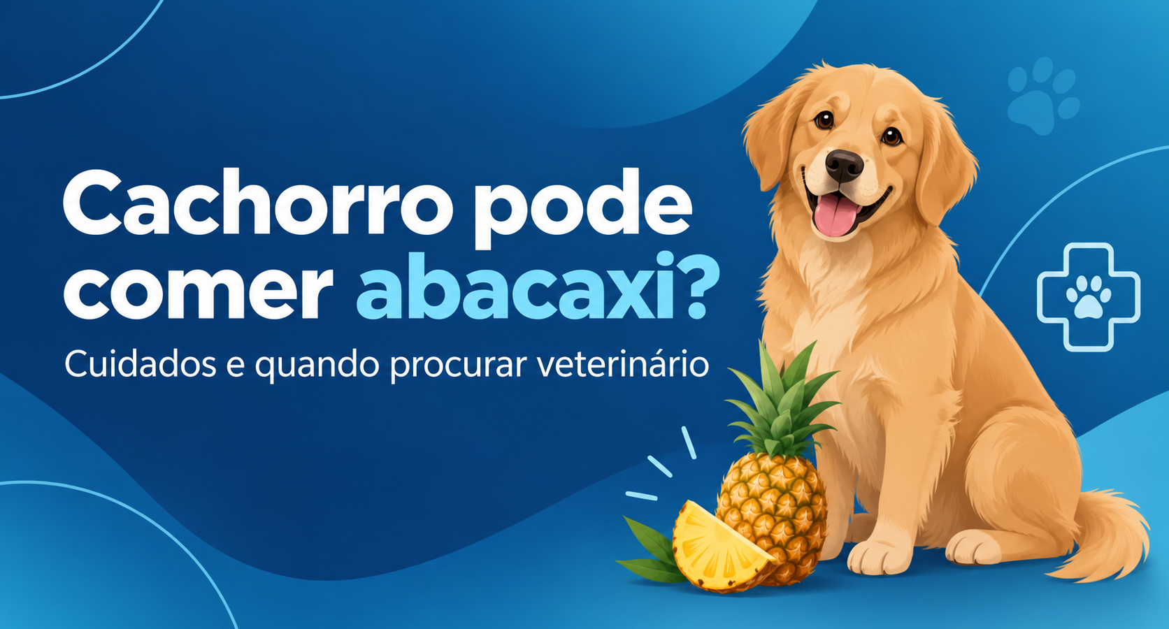 Ilustração editorial de cachorro ao lado de abacaxi, com orientações sobre consumo seguro