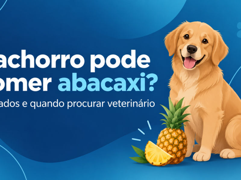Ilustração editorial de cachorro ao lado de abacaxi, com orientações sobre consumo seguro