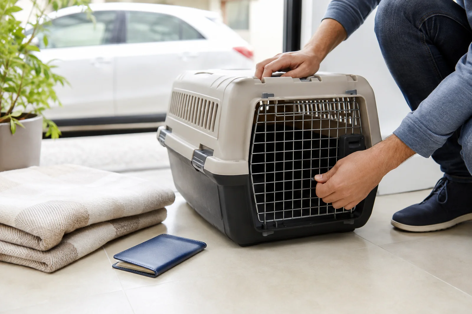 Caixa de transporte aberta e preparada para deslocamento seguro de um gato.