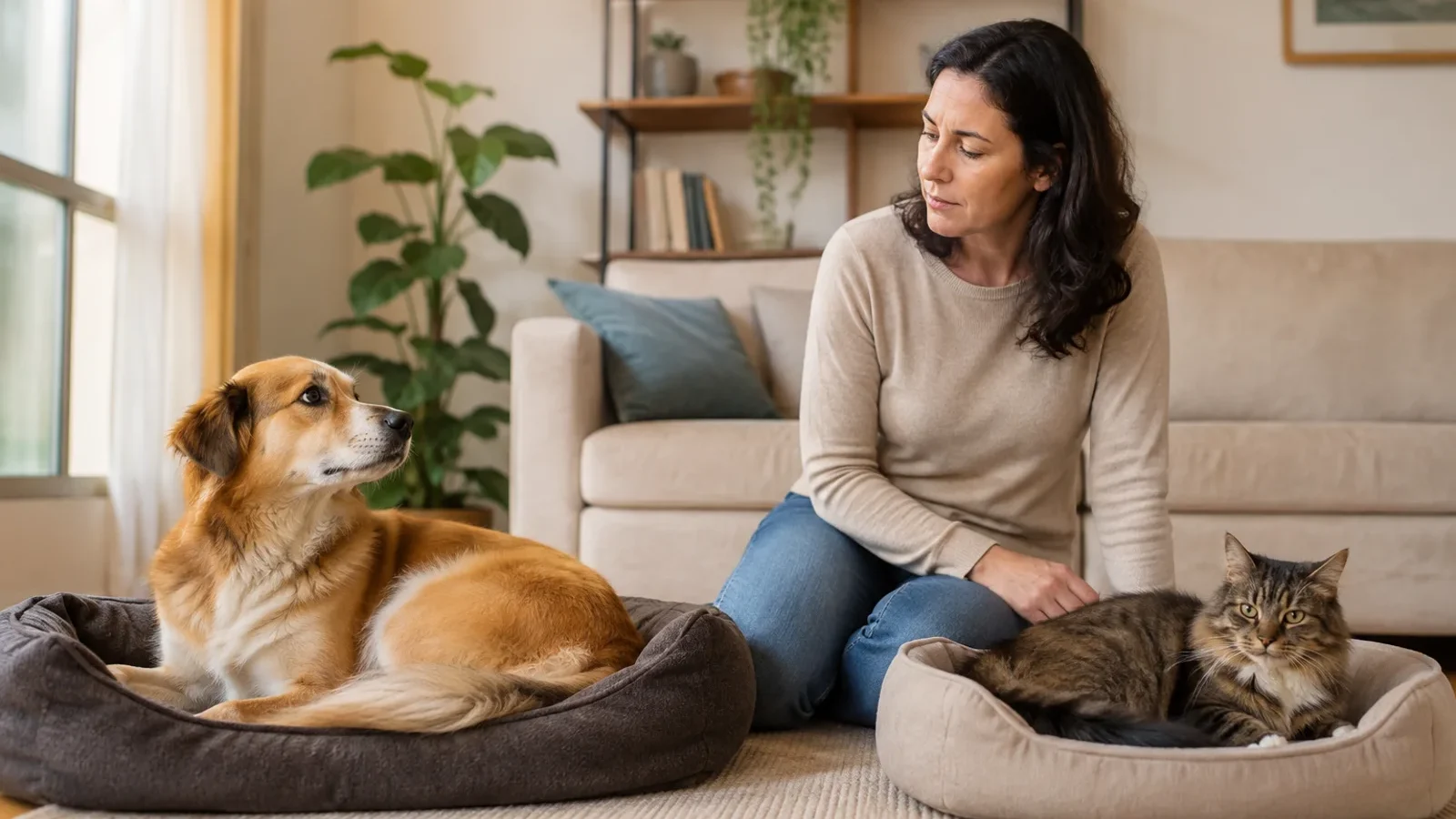 Tutora observando cão e gato confortáveis em casa, em contexto de cuidados com coceira.