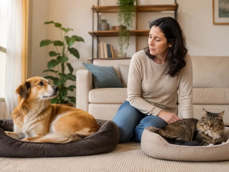Tutora observando cão e gato confortáveis em casa, em contexto de cuidados com coceira.
