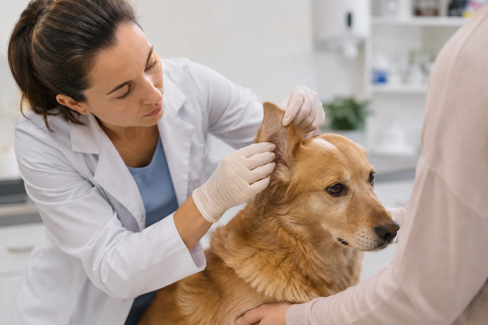 Médica-veterinária examinando a orelha de um cão durante avaliação de coceira.