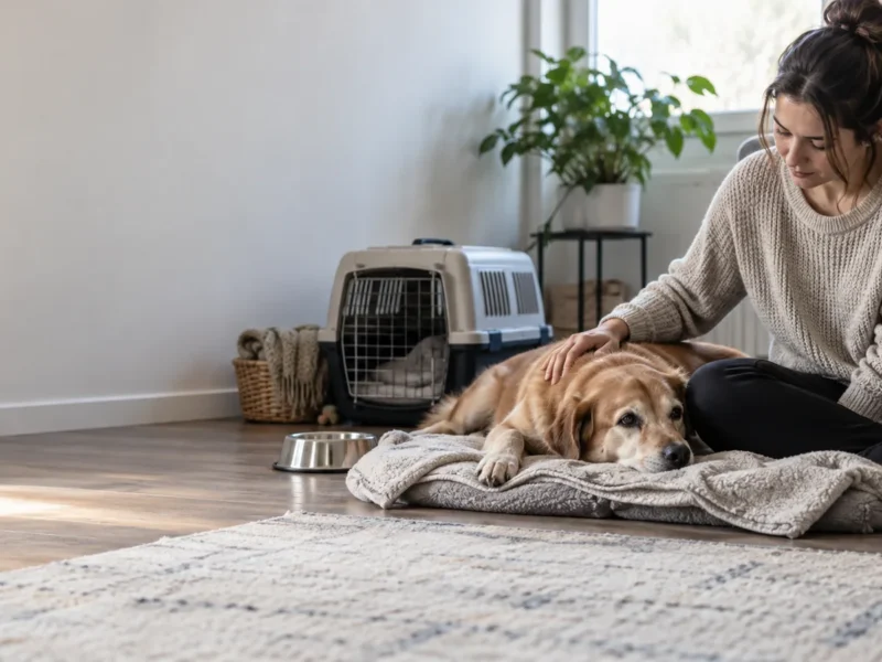 Tutora observando com calma um cão em repouso em ambiente doméstico seguro após um episódio de saúde.
