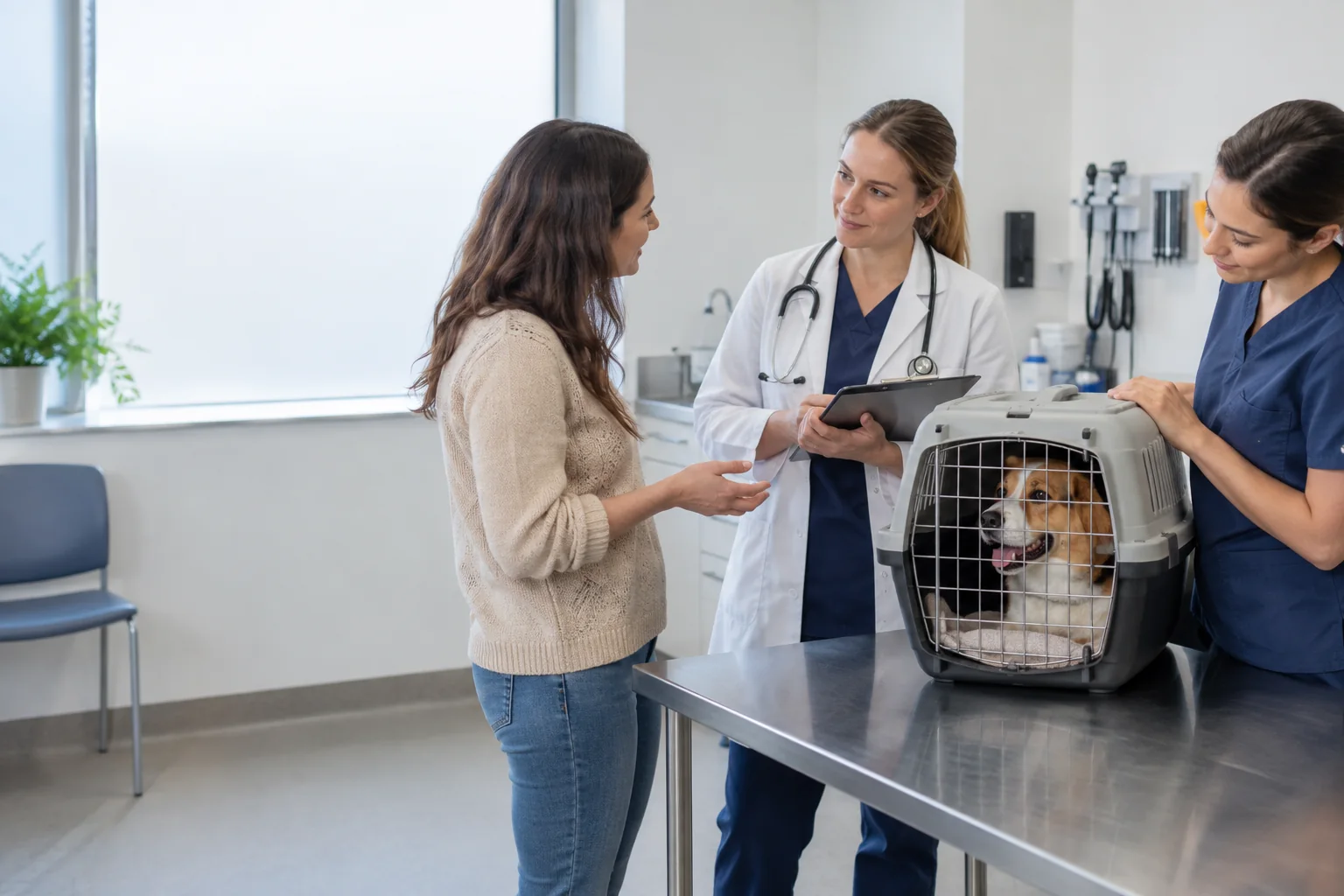 Equipe veterinária recebendo uma tutora e um cão para avaliação em ambiente de atendimento.
