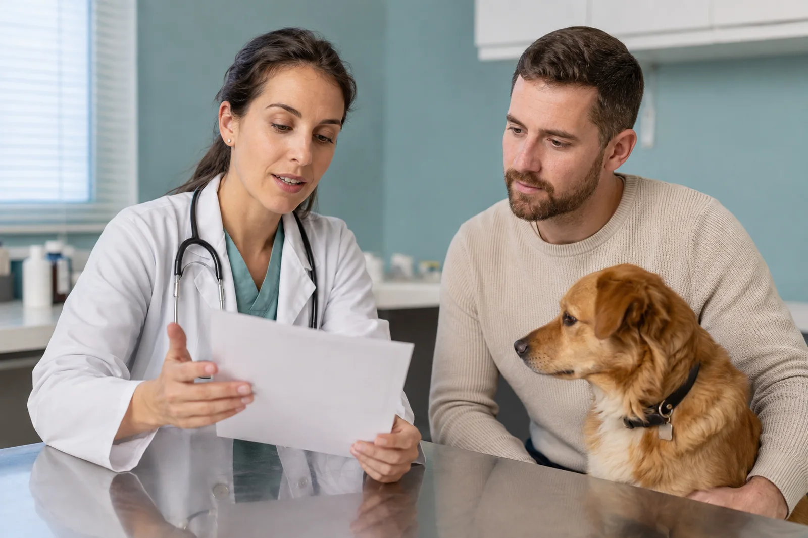 Veterinária revisando solicitação de exame com tutora durante consulta.