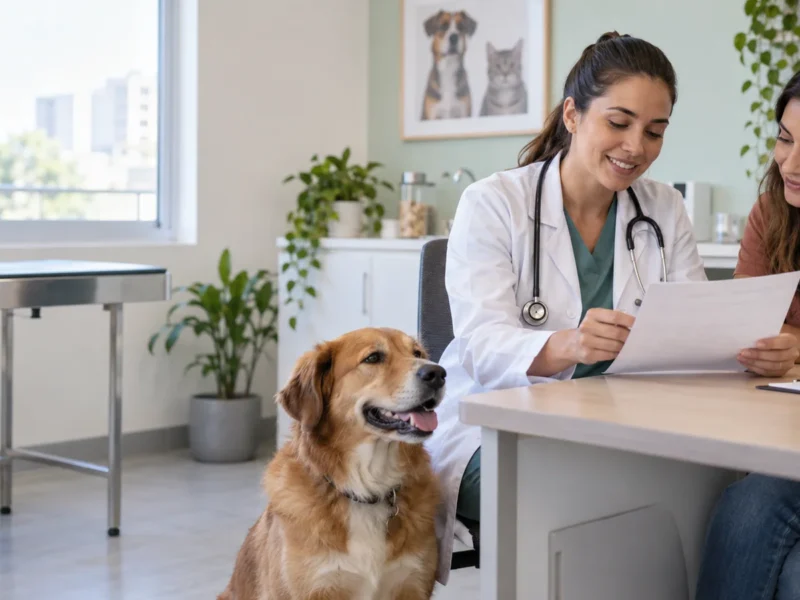 Médica-veterinária e tutora revisando um relatório de saúde de um cão em consulta.