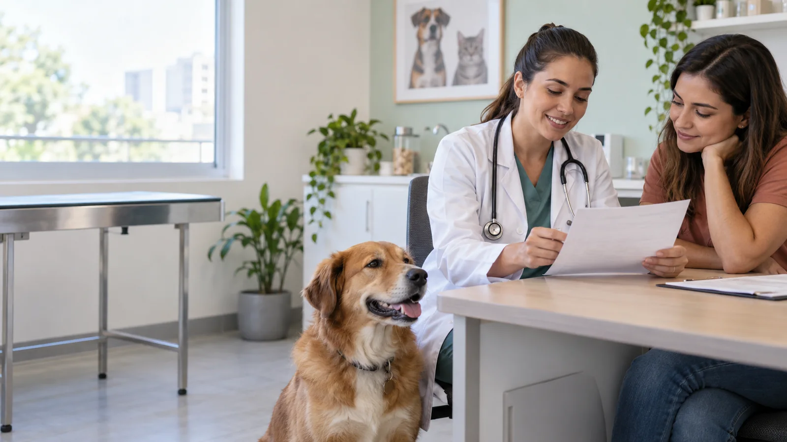 Médica-veterinária e tutora revisando um relatório de saúde de um cão em consulta.