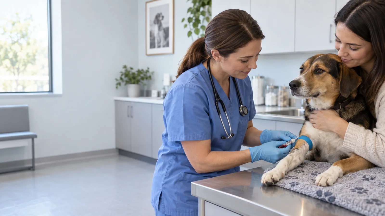 Profissional veterinária realizando coleta de sangue em cão com tutora acompanhando.