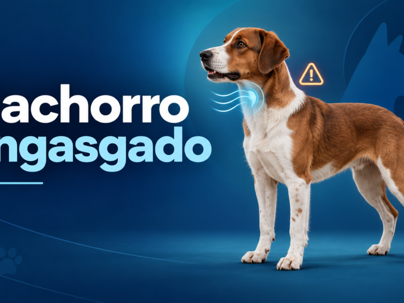 Ilustração editorial de cachorro com alerta visual de dificuldade respiratória para o tema cachorro engasgado