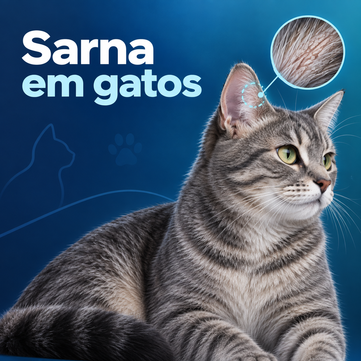 Ilustração editorial de gato tigrado com destaque gráfico na orelha para o tema sarna em gatos