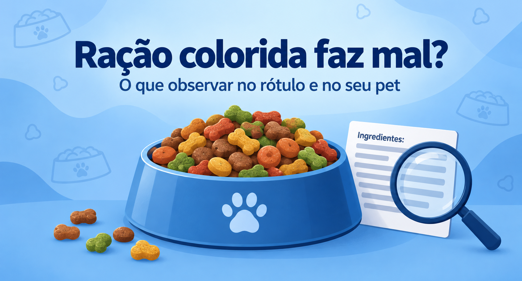 Ilustração editorial de ração colorida e rótulo, com orientação para escolha do alimento do cachorro