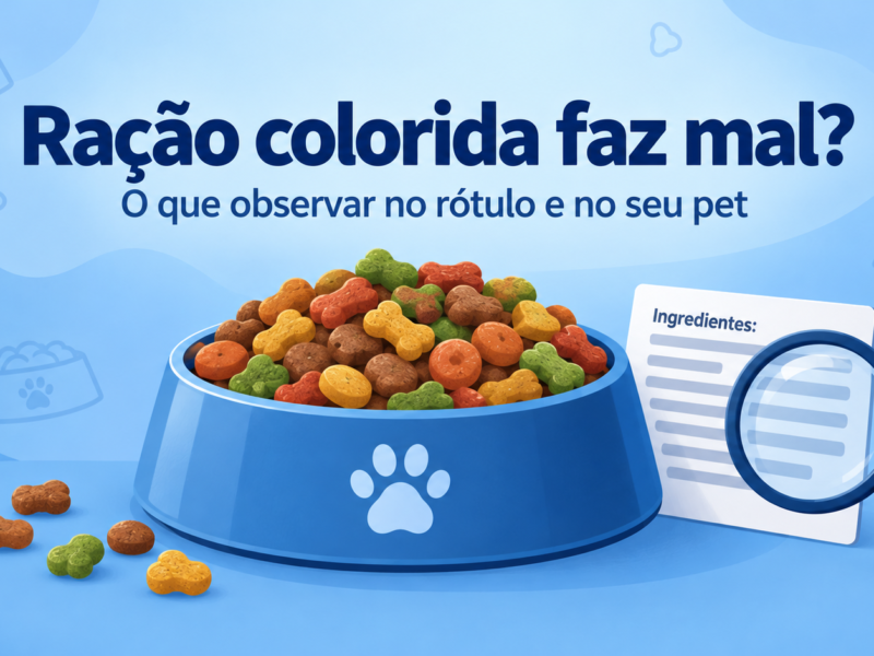 Ilustração editorial de ração colorida e rótulo, com orientação para escolha do alimento do cachorro