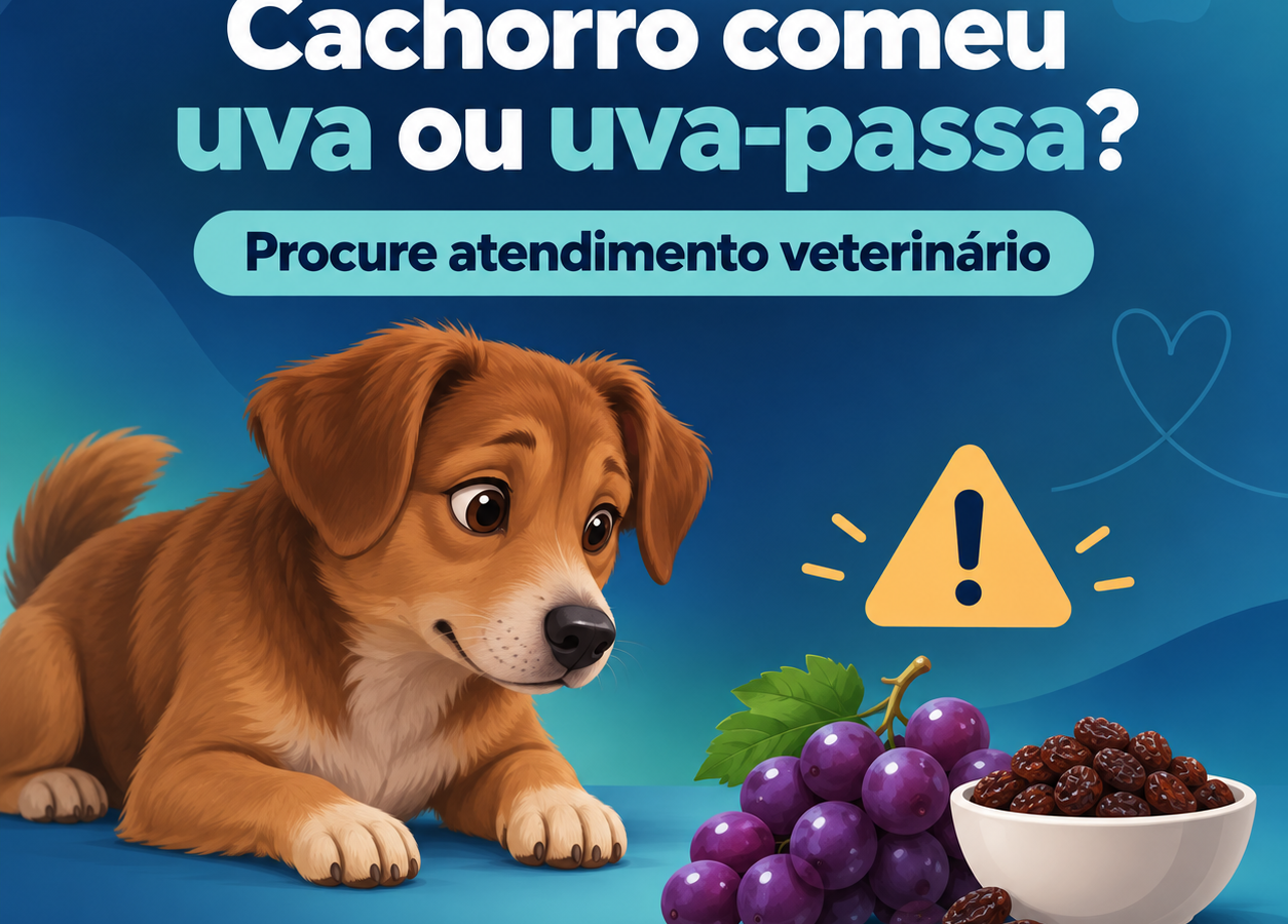 Ilustração editorial de cachorro ao lado de uvas e uvas-passas, com alerta para procurar atendimento veterinário