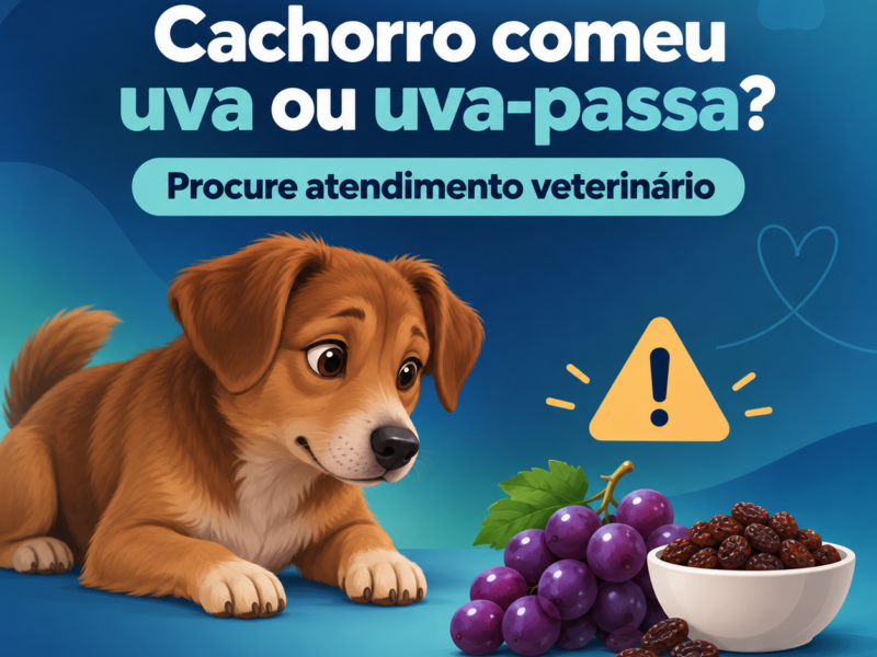 Ilustração editorial de cachorro ao lado de uvas e uvas-passas, com alerta para procurar atendimento veterinário
