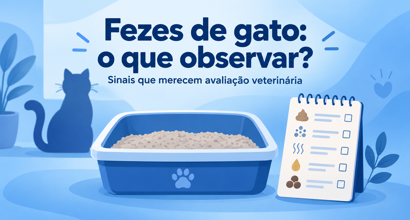 Ilustração editorial de gato, caixa de areia e checklist para observar fezes