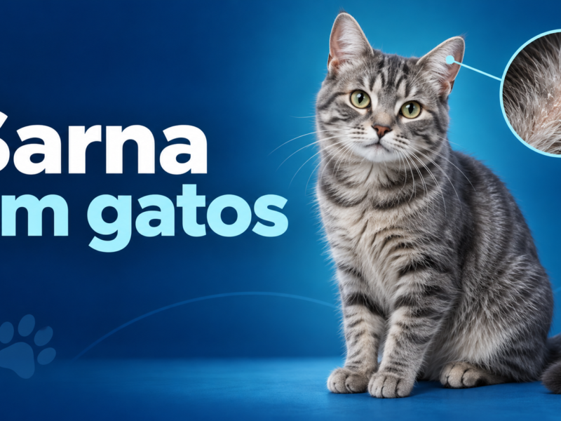Ilustração editorial horizontal de gato tigrado com destaque gráfico na orelha para o tema sarna em gatos