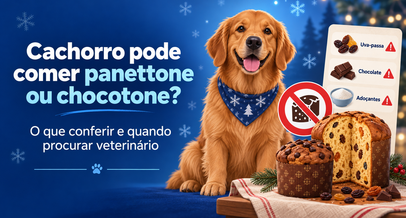 Ilustração editorial de cachorro ao lado de panettone e chocotone, com alerta para ingredientes que exigem atenção