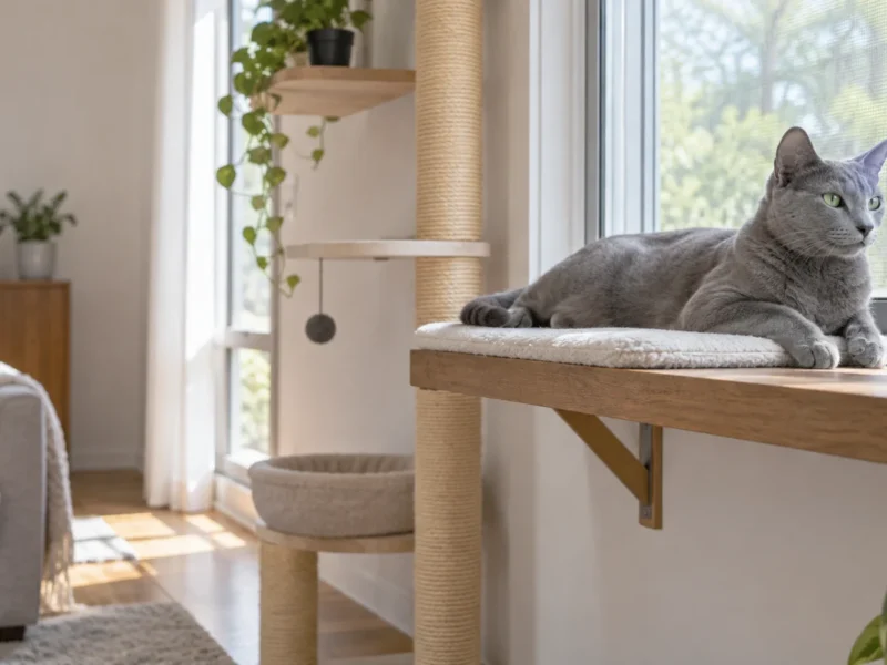 Gato Azul Russo descansando em prateleira segura perto de janela telada.