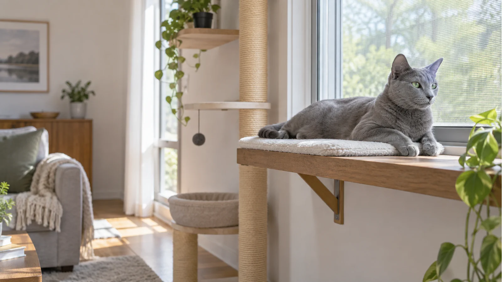Gato Azul Russo descansando em prateleira segura perto de janela telada.