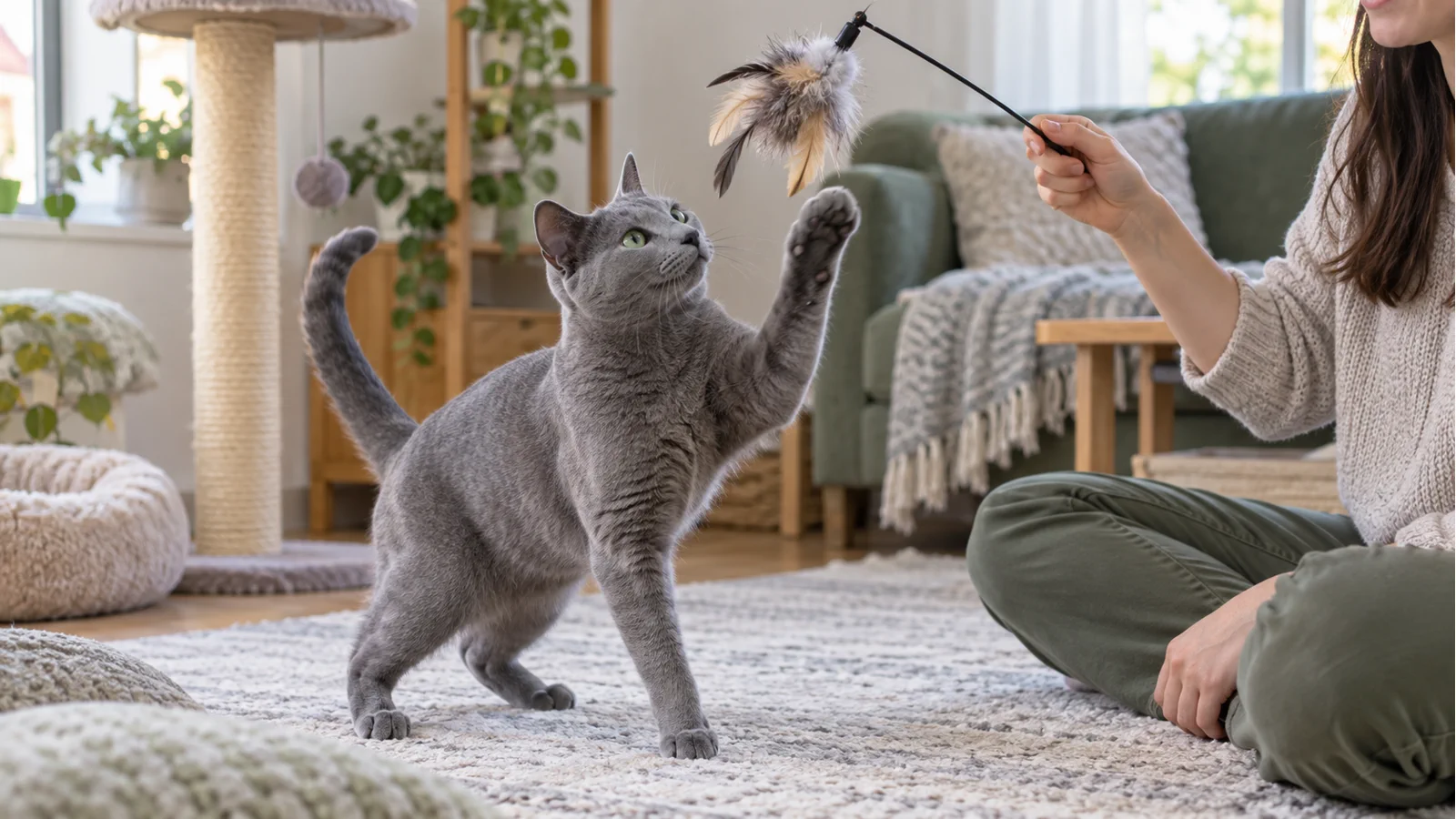 Tutora interagindo com gato Azul Russo em ambiente doméstico tranquilo.