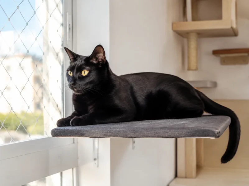 Gato Bombaim em ambiente doméstico enriquecido, com área segura para descanso.