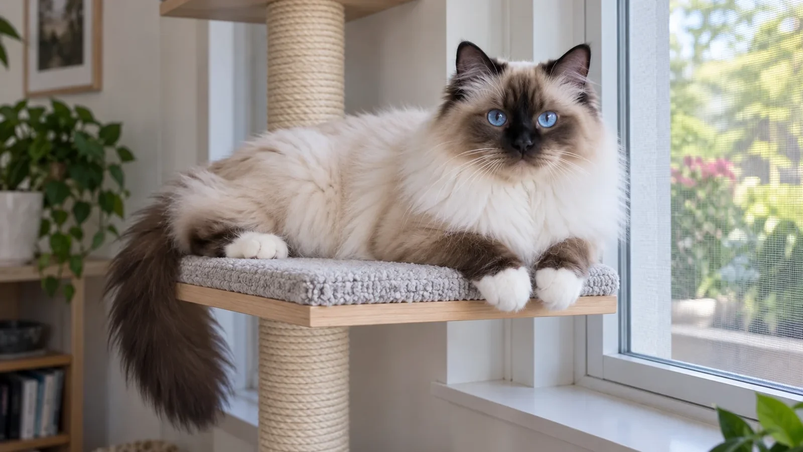 Gato Sagrado da Birmânia descansando em prateleira segura perto de janela telada.