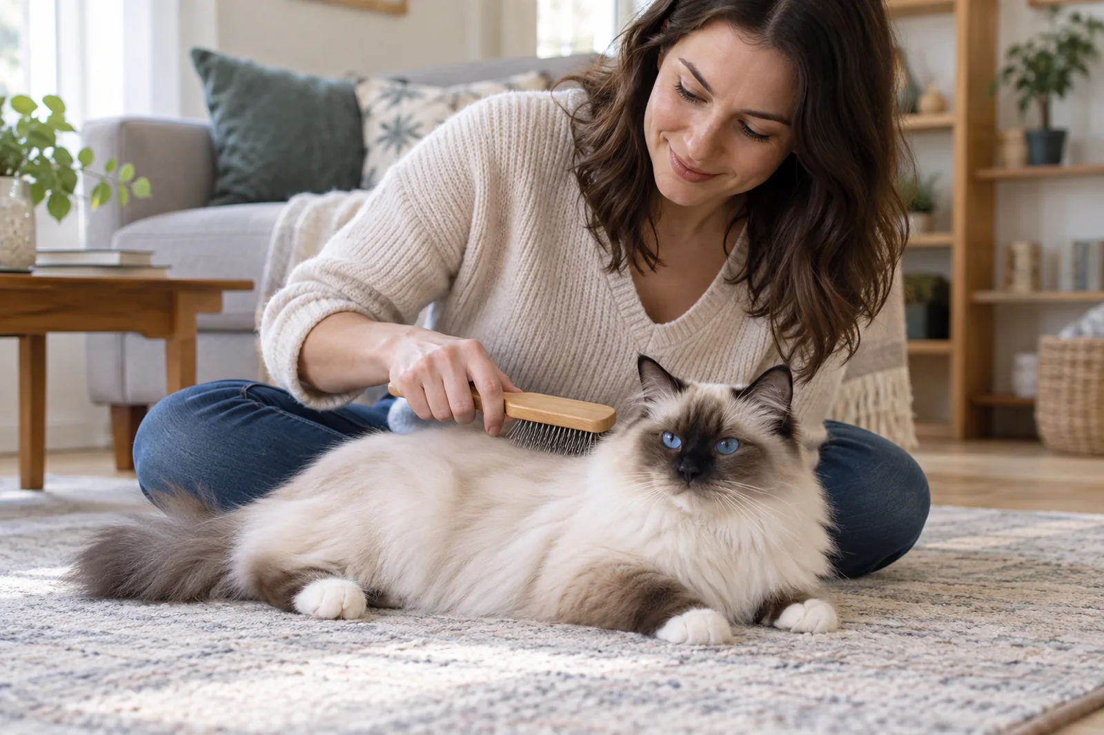 Tutora fazendo escovação suave em um gato Sagrado da Birmânia em casa.