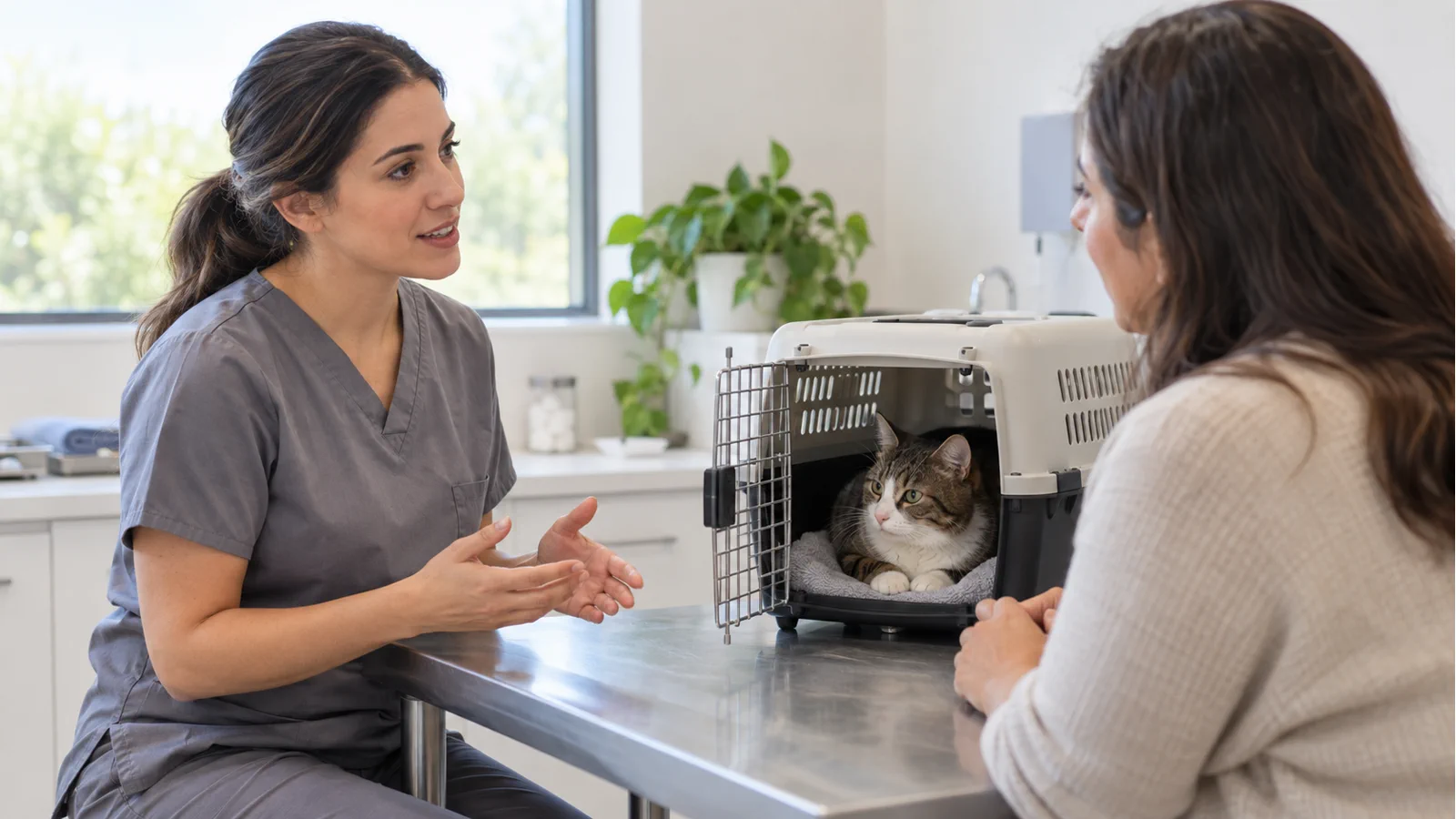 Tutora observando com cuidado um gato adulto próximo ao comedouro em casa.