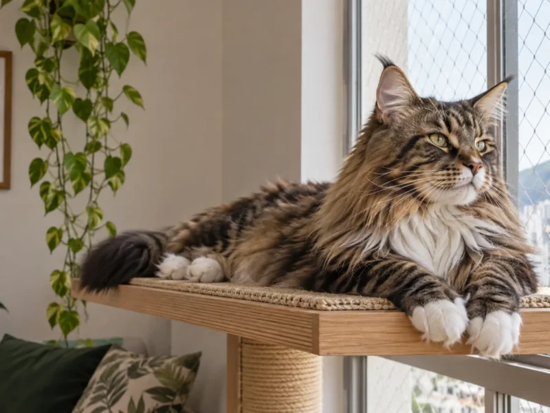 Gato Maine Coon descansando em prateleira larga e segura junto de janela telada.