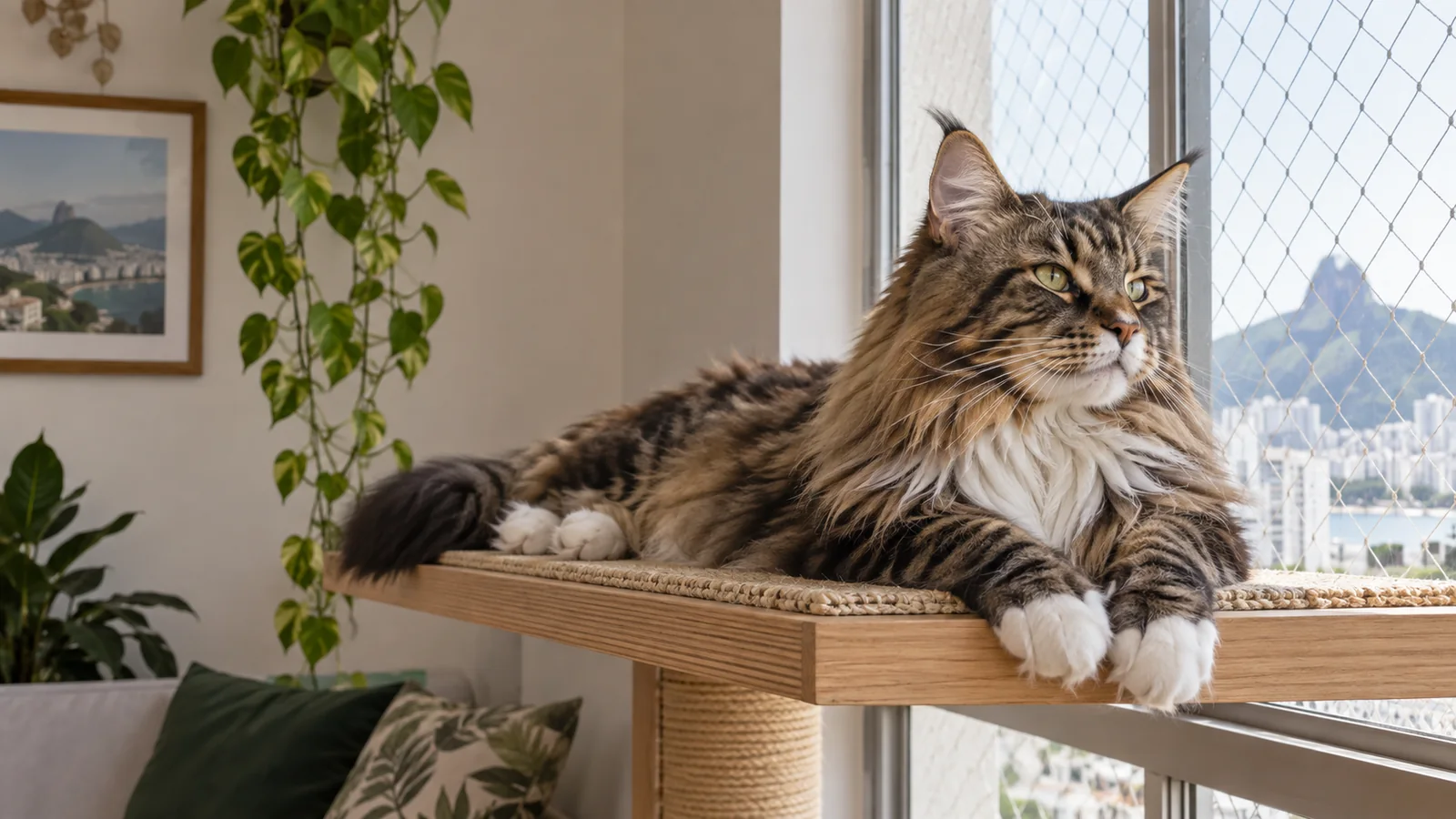 Gato Maine Coon descansando em prateleira larga e segura junto de janela telada.