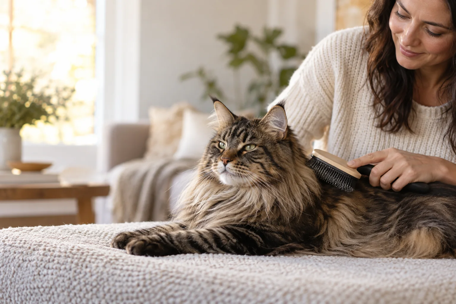 Tutora escovando de forma gentil um gato Maine Coon em ambiente doméstico.