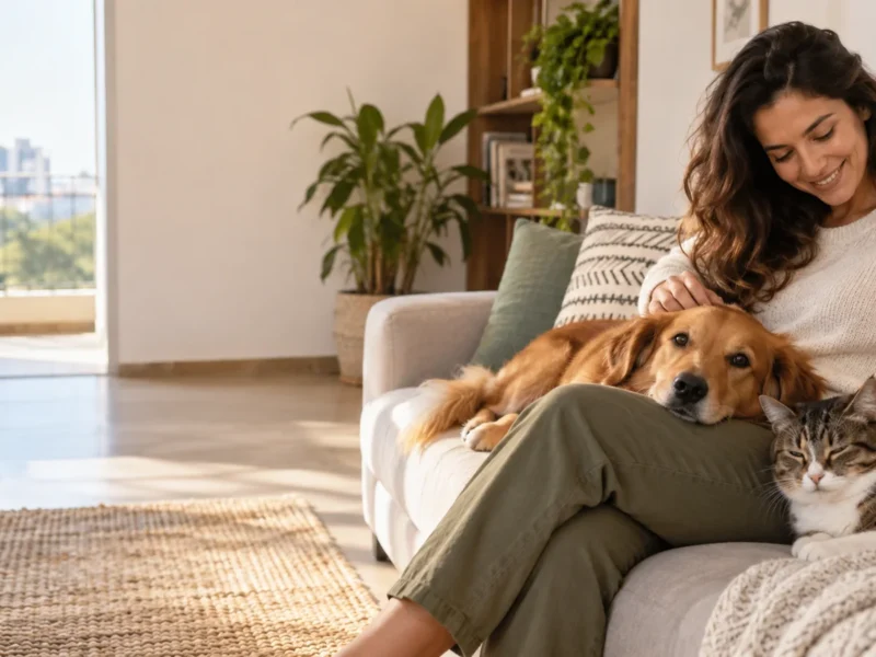Tutora com cão e gato em casa durante uma rotina de bem-estar e acompanhamento de saúde.