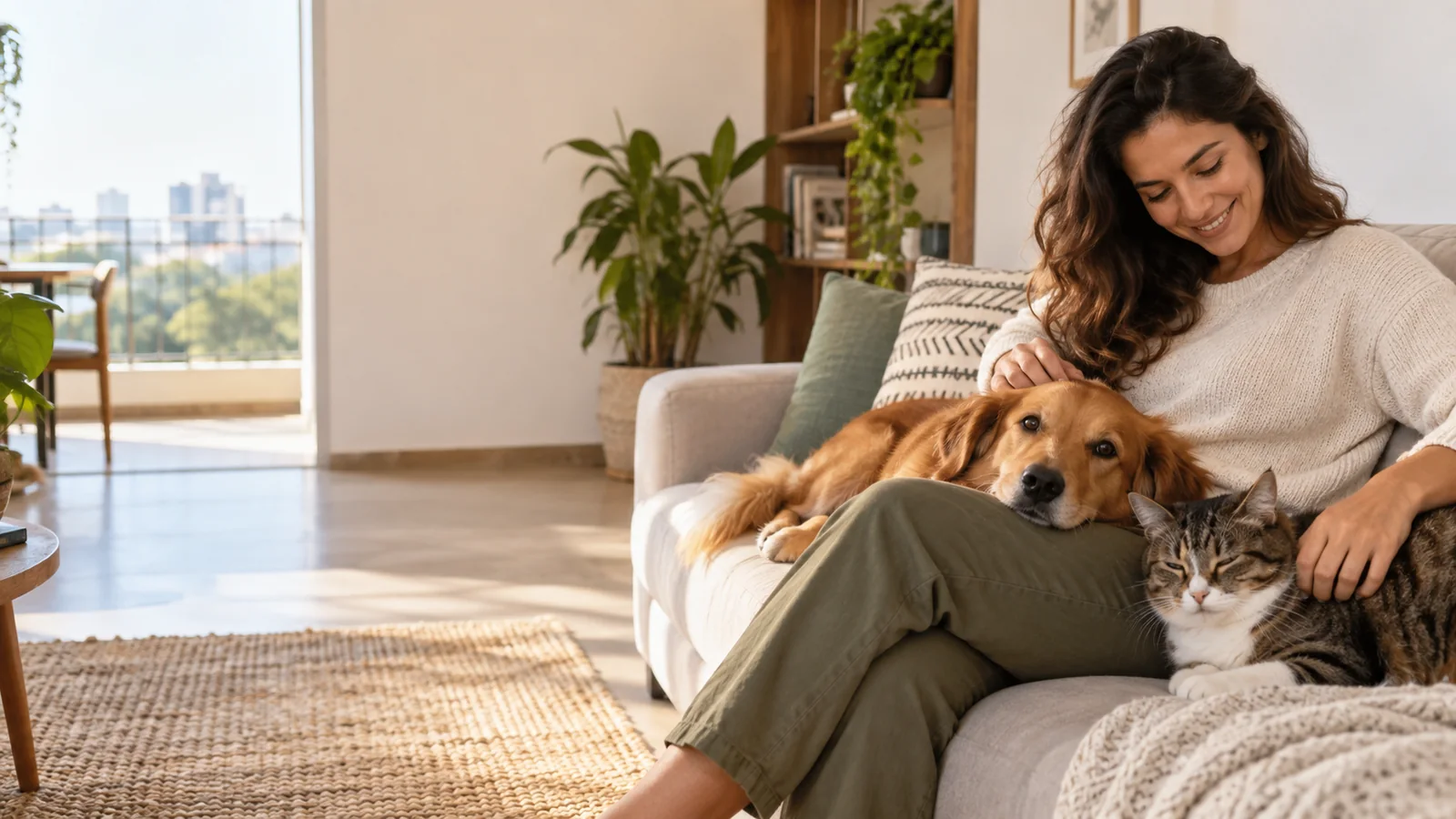Tutora com cão e gato em casa durante uma rotina de bem-estar e acompanhamento de saúde.