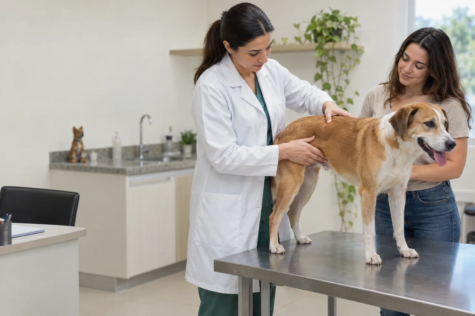 Médica-veterinária avaliando de forma gentil a condição corporal de um cão durante consulta.