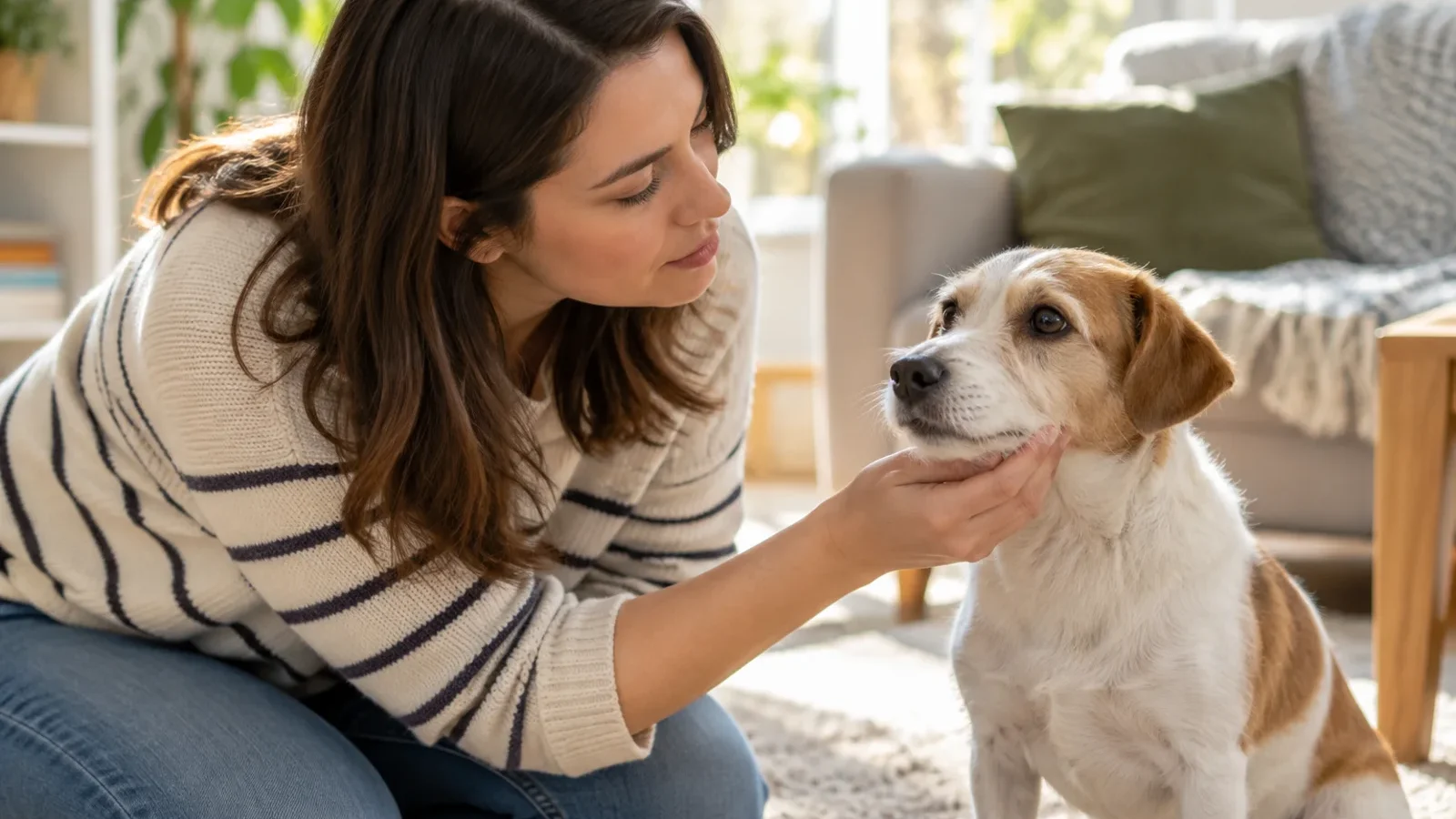 Tutora observando com atenção o olho de um cão em casa.