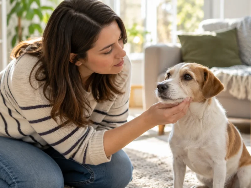 Tutora observando com atenção o olho de um cão em casa.