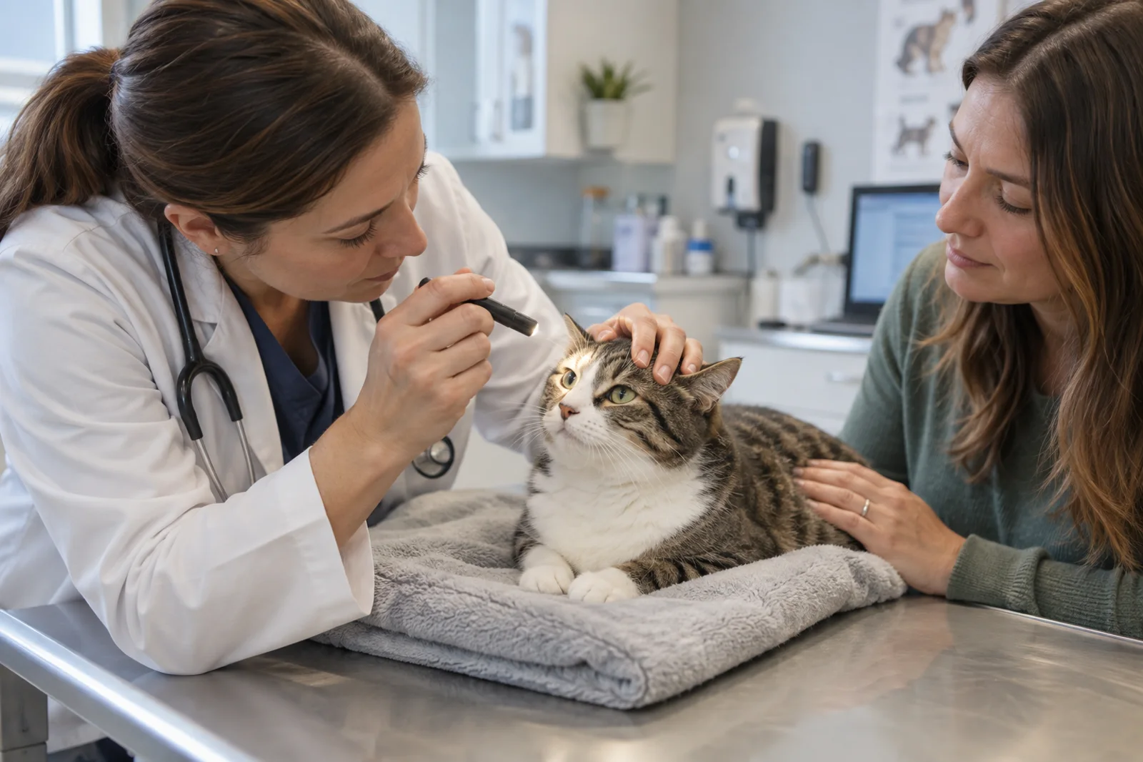 Médica-veterinária avaliando a região ocular de um gato durante consulta.