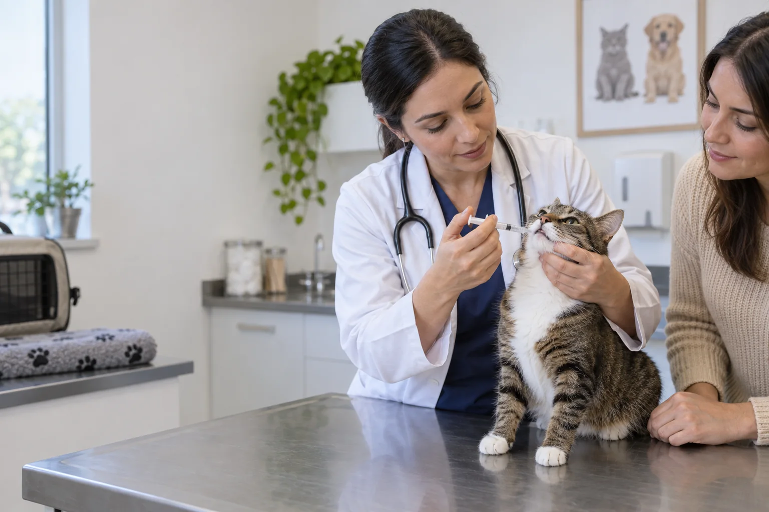 Médica-veterinária demonstrando a uma tutora como administrar medicamento oral para um gato.