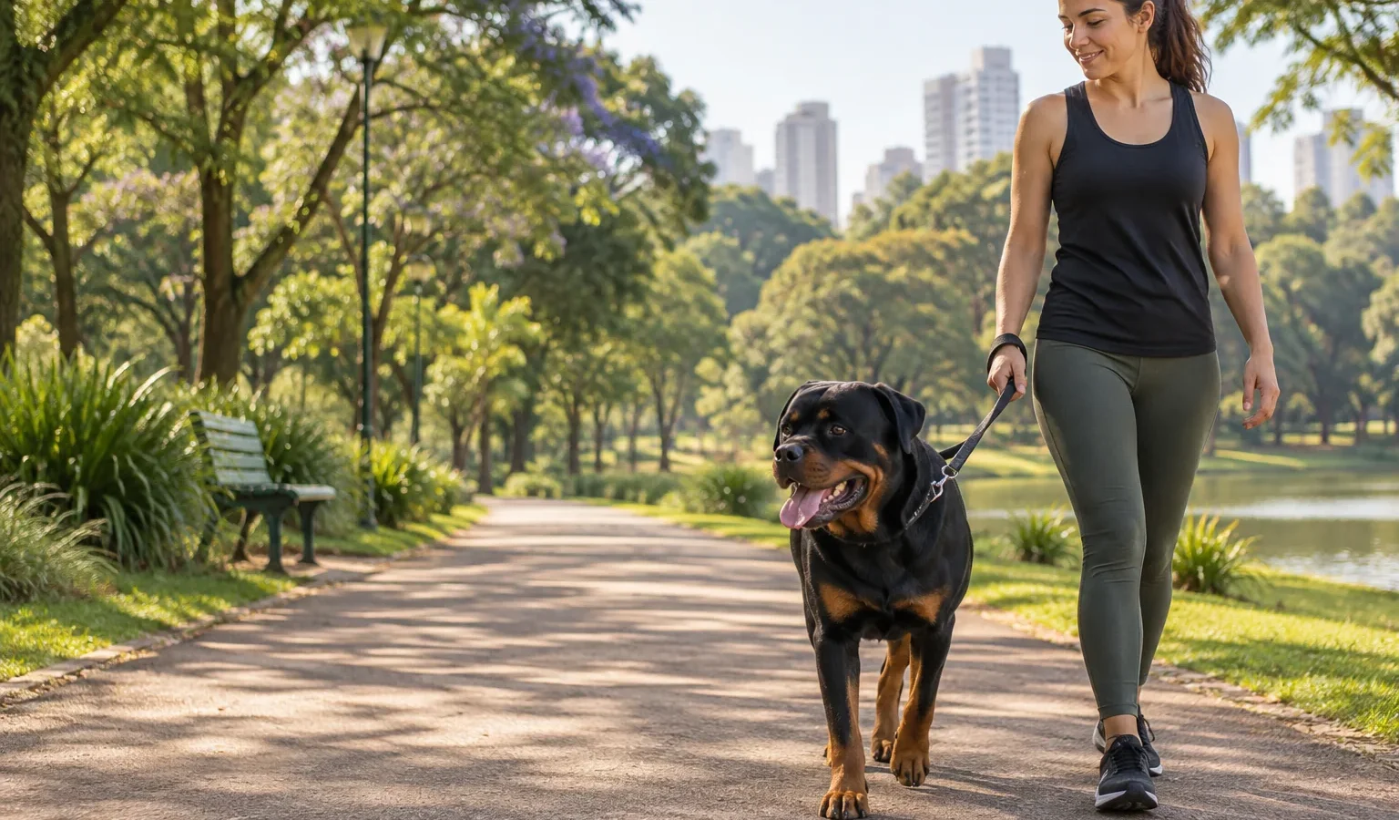 Rottweiler adulto caminhando com tutor em parque urbano usando guia segura.